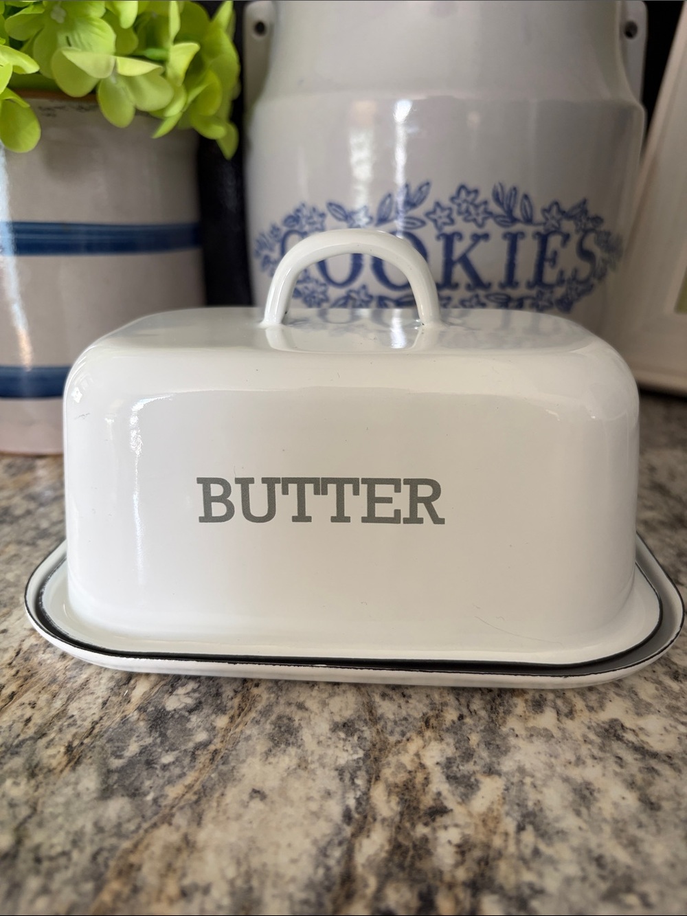 Ashland White enamelware Butter Dish with Gray Lettering